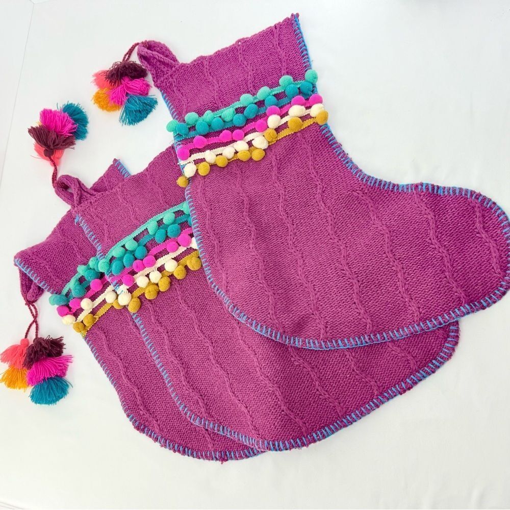 Natural Life Set of 3 Boho Christmas Stockings Purple Cable Knit PomPom Trim
